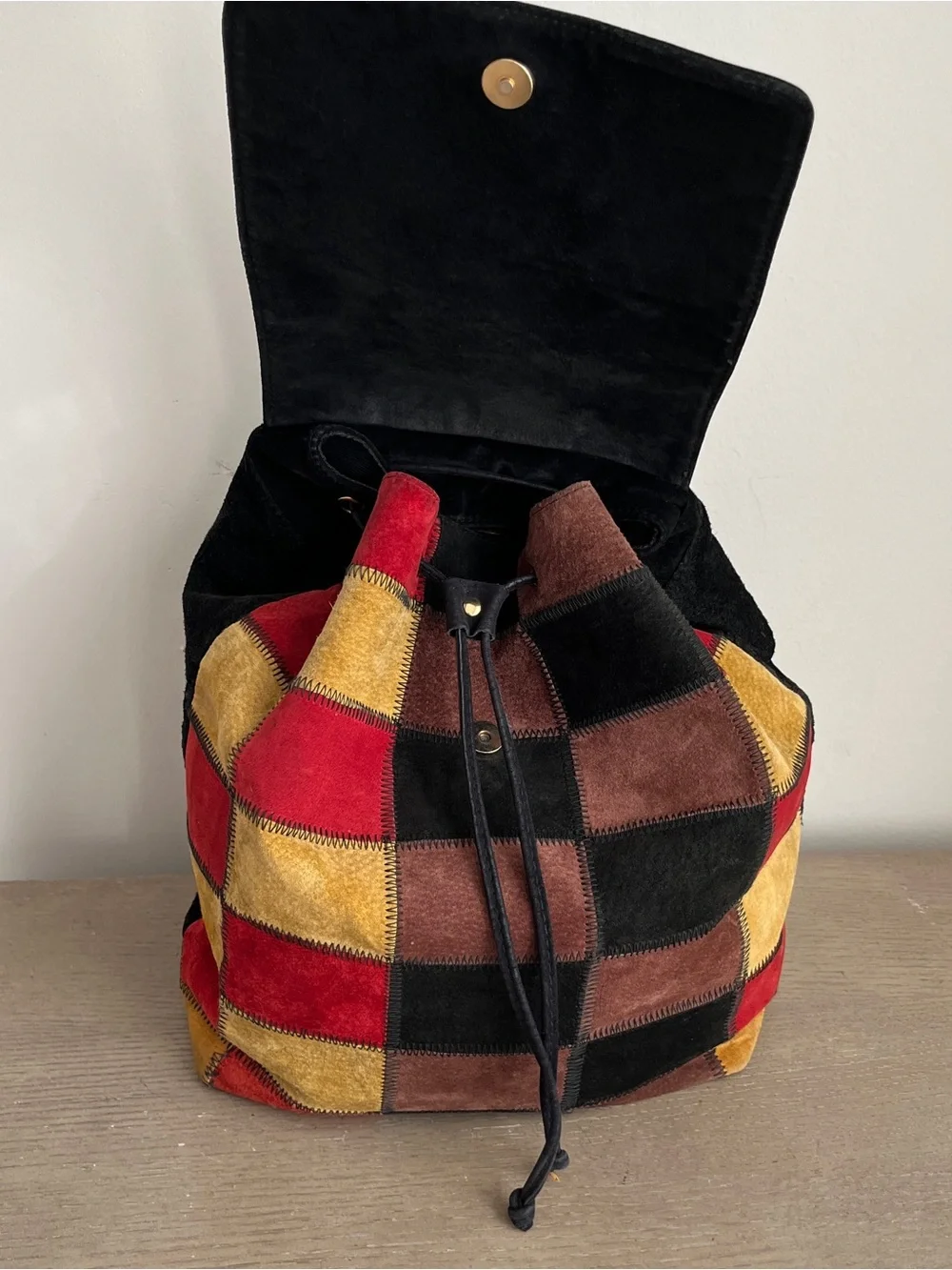 Vintage Barneys New York Made in Italy Suede Patchwork Drawstring Backpack Bag